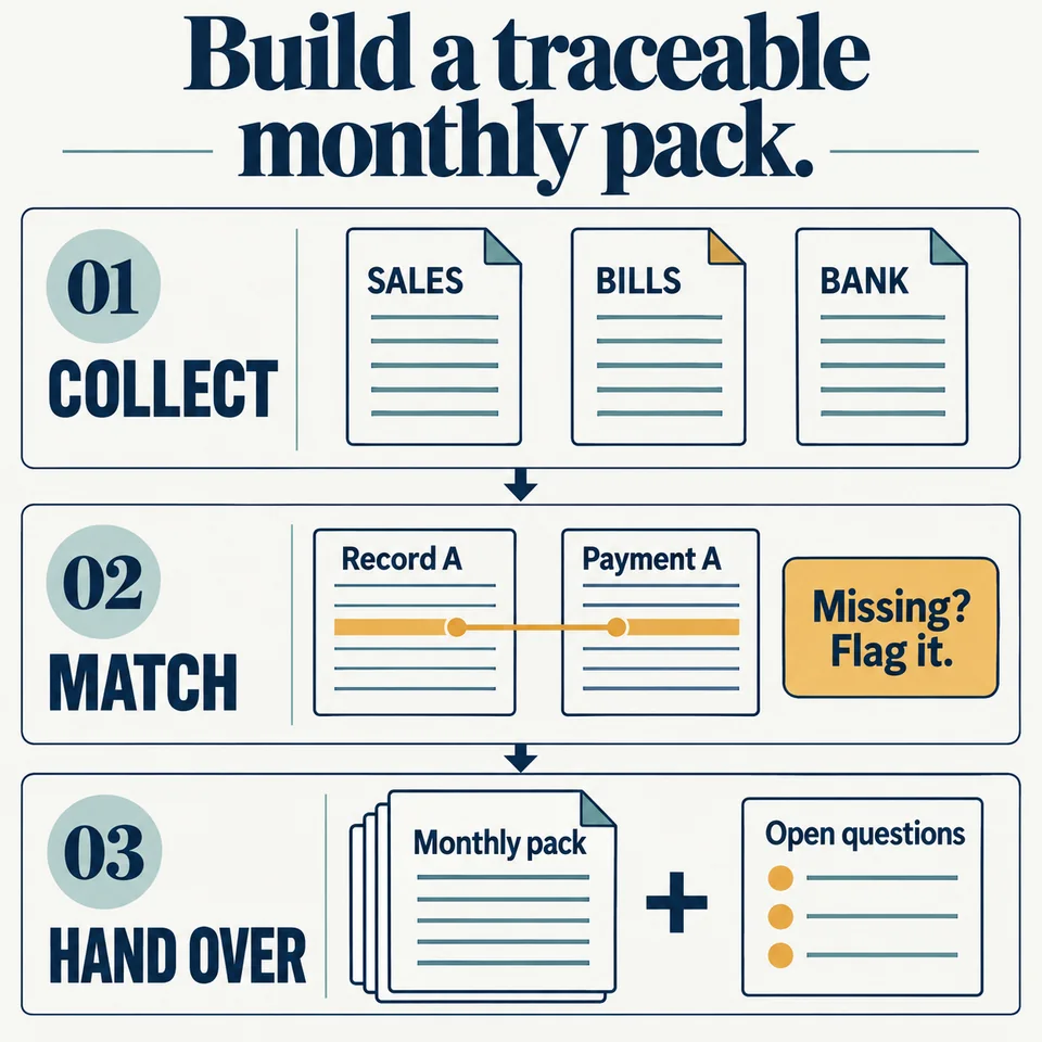 Three-step worksheet: collect sales, bills and bank records; match Record A to Payment A; hand over a monthly pack with open questions.