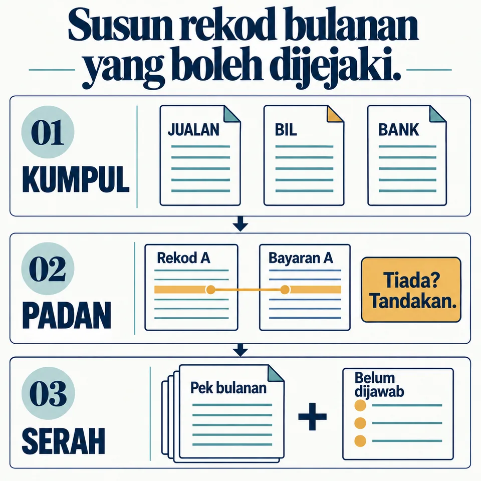 Helaian tiga langkah: kumpulkan rekod jualan, bil dan bank; padankan Rekod A dengan Bayaran A; serahkan pek bulanan bersama soalan yang belum dijawab.