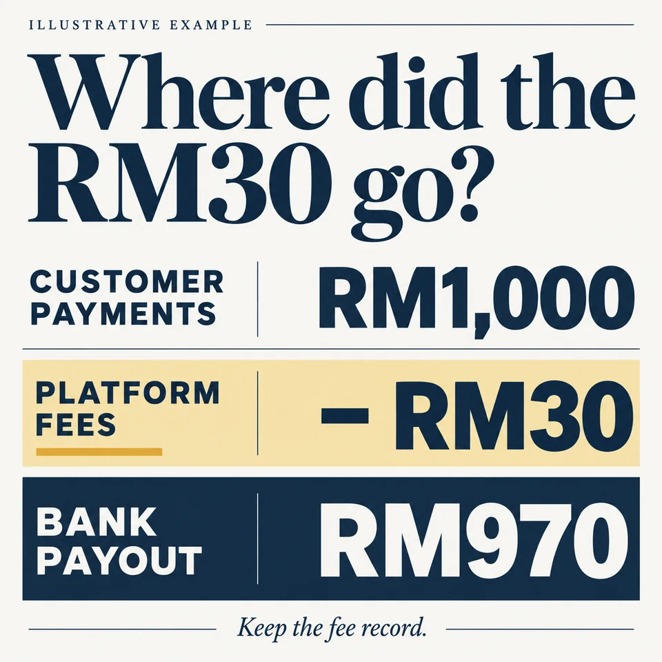 Illustrative breakdown: RM1,000 customer payments, minus RM30 platform fees, leaving RM970 paid into the bank.
