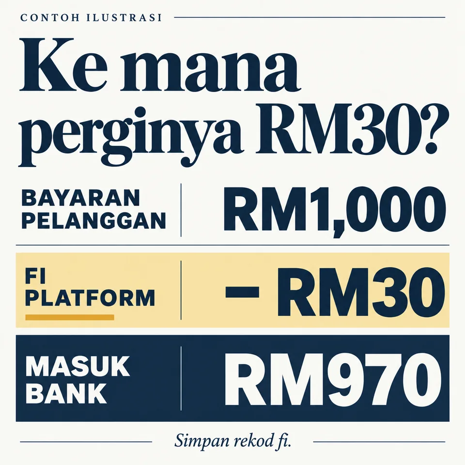 Pecahan contoh: bayaran pelanggan RM1,000 ditolak fi platform RM30, dengan RM970 masuk ke bank.